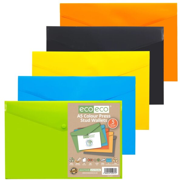 Pack 5 A5 50% Recycled Colour Press Stud Wallets (1)