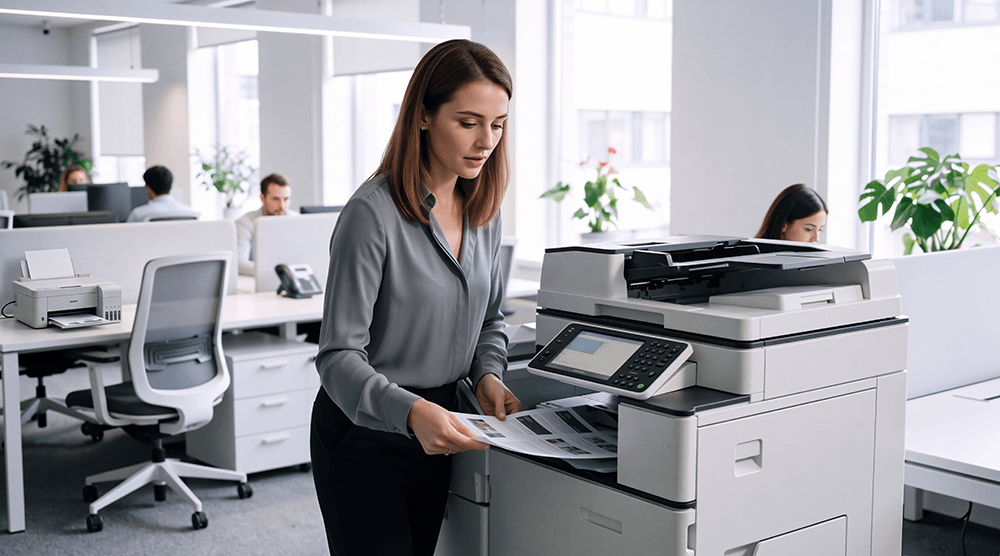 Office worker using a commercial multifunction printer alongside desktop inkjet printers in an open-plan office.